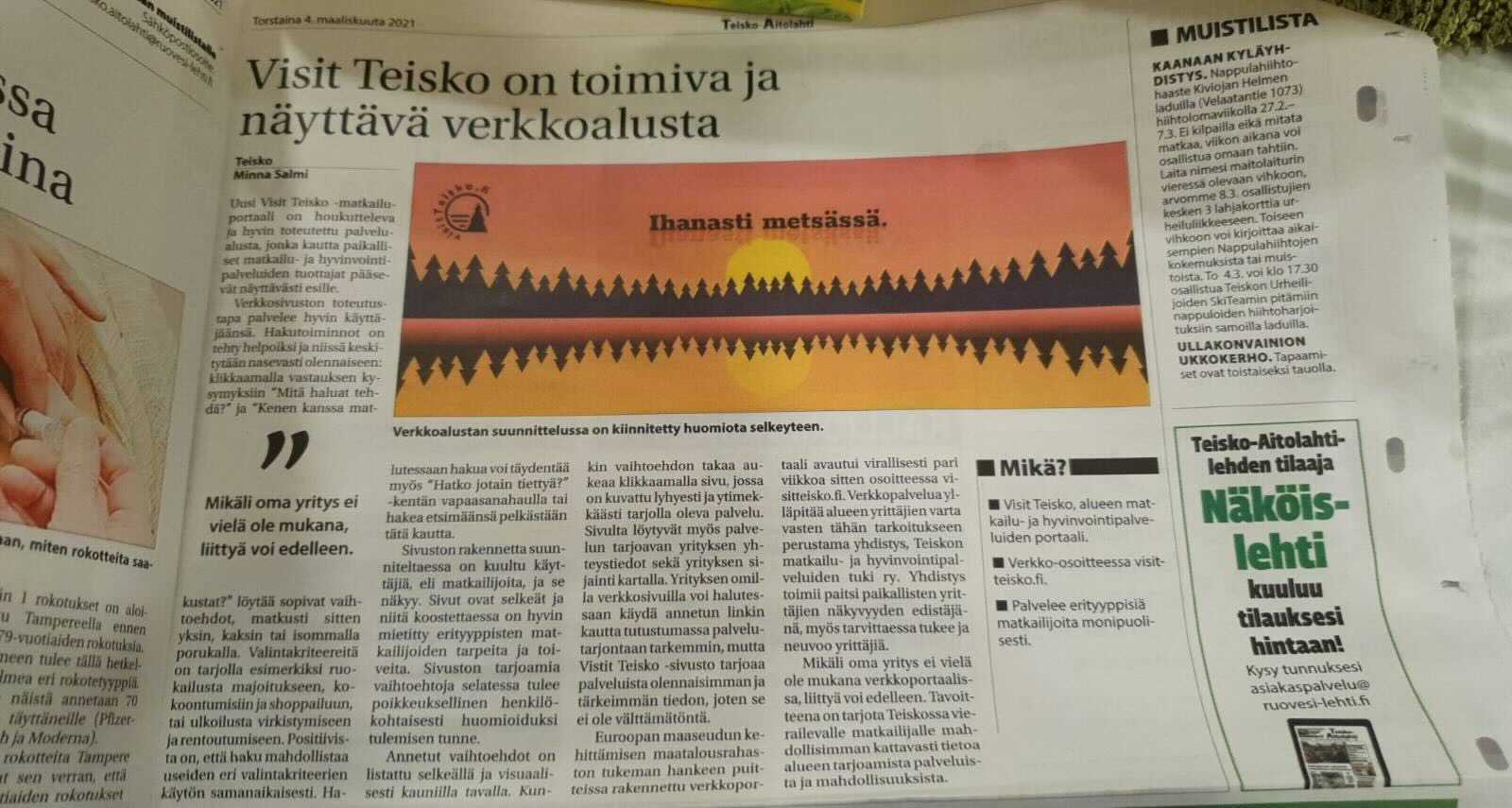 Visit Teisko featured on a local news paper